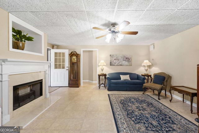 3076 Harris Mill Ct, Duluth, GA 30096 - living area featuring ceiling fan and a high end fireplace