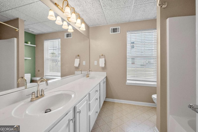 3076 Harris Mill Ct, Duluth, GA 30096 - bathroom featuring a paneled ceiling, double vanity, a shower, tile patterned floors, and a tub to relax in
