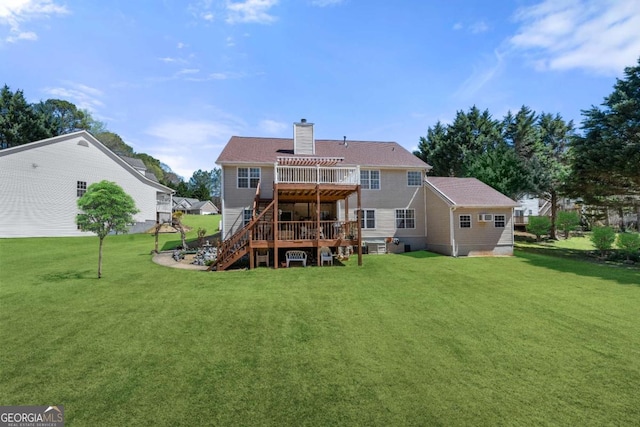 3076 Harris Mill Ct, Duluth, GA 30096 - back of house with a wooden deck, stairs, a chimney, and a yard