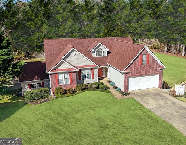 3076 Harris Mill Ct, Duluth, GA 30096 - traditional-style house with concrete driveway, brick siding, a front yard, and an attached garage