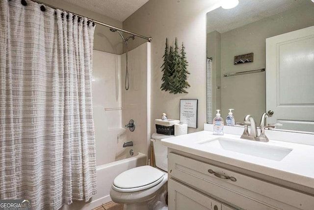 104 Buck Run E, Dahlonega, GA 30533 - bathroom with vanity, shower / bathtub combination with curtain, and a textured ceiling