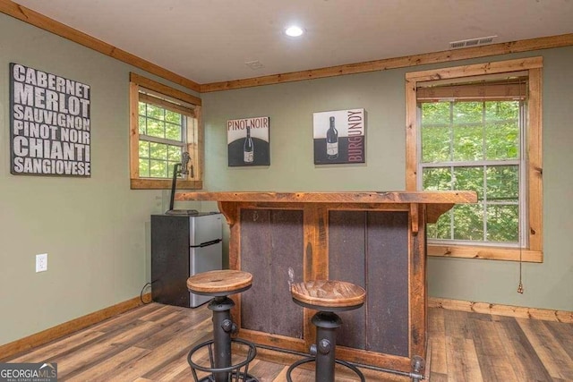 104 Buck Run E, Dahlonega, GA 30533 - indoor dry bar featuring freestanding refrigerator, wood finished floors, and recessed lighting
