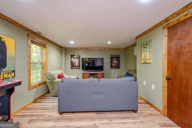 104 Buck Run E, Dahlonega, GA 30533 - living area with ornamental molding, light wood finished floors, and recessed lighting
