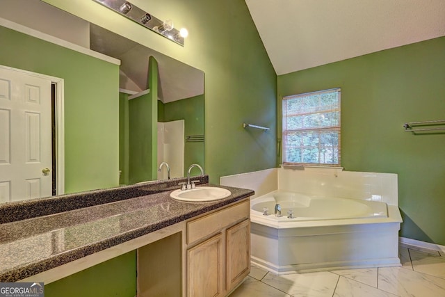 1067 Misty Meadows Pt, Hampton, GA 30228 - bathroom with a bath, vaulted ceiling, marble look tile flooring, vanity, and a shower