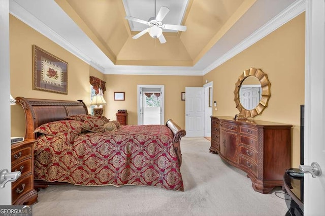 2002 Ivy Ridge Rd SE, Smyrna, GA 30080 - bedroom with light carpet, a tray ceiling, ornamental molding, a ceiling fan, and vaulted ceiling