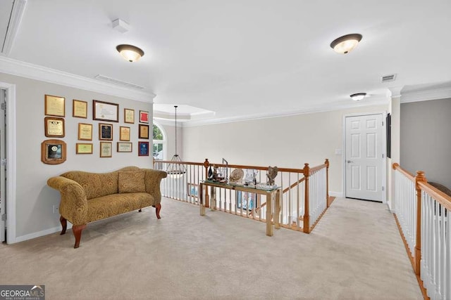 2002 Ivy Ridge Rd SE, Smyrna, GA 30080 - living area featuring ornamental molding, an upstairs landing, and light carpet
