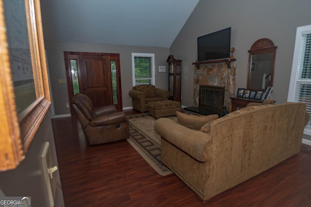 46 Cedar Ridge Dr, Toccoa, GA 30577 - living area featuring a stone fireplace, dark wood-type flooring, and high vaulted ceiling