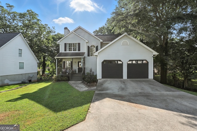 67 Woodlawn Dr, Toccoa, GA 30577 - traditional-style house with a porch, a chimney, concrete driveway, a garage, and a front lawn