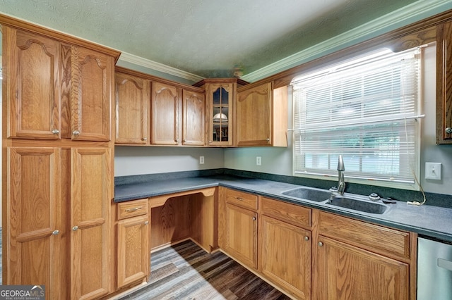 30 Red Bird Ln, Ellijay, GA 30540 - kitchen featuring glass insert cabinets, dark countertops, light wood-type flooring, dishwasher, and brown cabinets