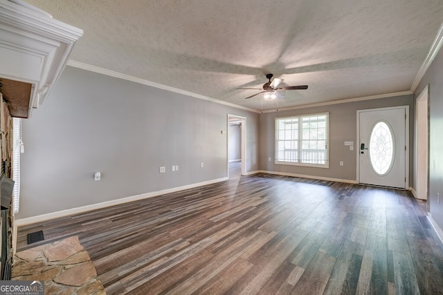 30 Red Bird Ln, Ellijay, GA 30540 - unfurnished living room with a ceiling fan, wood finished floors, a textured ceiling, and ornamental molding