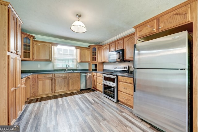 30 Red Bird Ln, Ellijay, GA 30540 - kitchen with stainless steel appliances, light wood-type flooring, glass insert cabinets, dark countertops, and crown molding