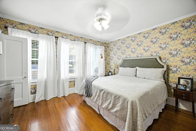 3579 Overlook Ave, Macon, GA 31204 - bedroom featuring hardwood / wood-style floors, wallpapered walls, crown molding, and a ceiling fan