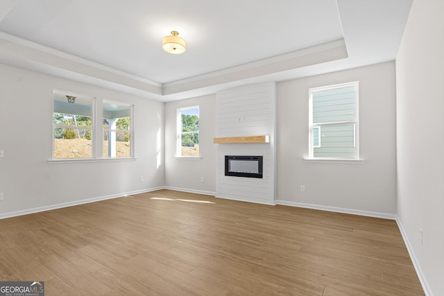 1692 Juniper Berry Way, Loganville, GA 30052 - unfurnished living room featuring a raised ceiling, ornamental molding, a large fireplace, and light wood finished floors