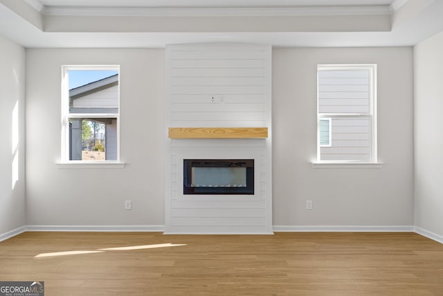 1692 Juniper Berry Way, Loganville, GA 30052 - unfurnished living room featuring crown molding, light wood finished floors, a large fireplace, and a raised ceiling