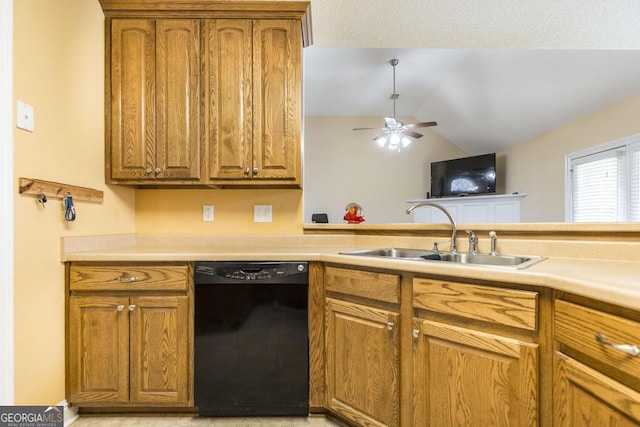 112 Huntwood Ln, Kathleen, GA 31047 - kitchen featuring black dishwasher, brown cabinets, ceiling fan, and vaulted ceiling