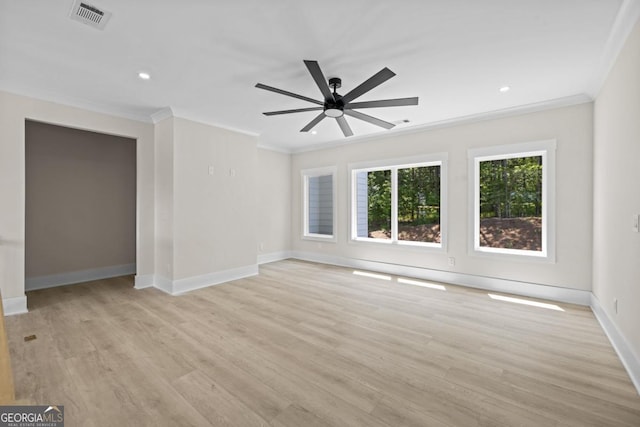 1131 Glen Eagle Dr, Greensboro, GA 30642 - unfurnished room featuring crown molding, light wood-style flooring, ceiling fan, and recessed lighting