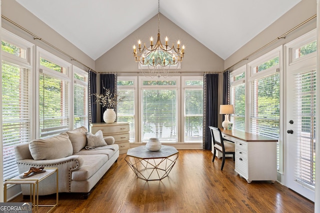 660 Milton Dr, Mcdonough, GA 30252 - sunroom with a chandelier, plenty of natural light, wood finished floors, and high vaulted ceiling