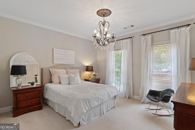 660 Milton Dr, Mcdonough, GA 30252 - bedroom featuring a chandelier, ornamental molding, and light colored carpet
