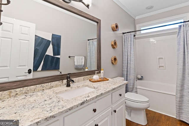660 Milton Dr, Mcdonough, GA 30252 - bathroom with vanity, ornamental molding, shower / bath combination with curtain, and wood finished floors
