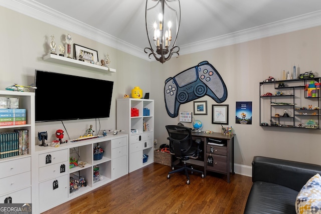 660 Milton Dr, Mcdonough, GA 30252 - office area with a chandelier, crown molding, and wood finished floors