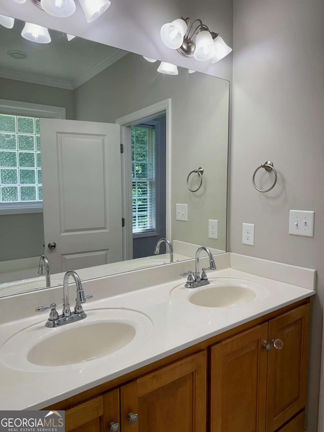 205 Huntington Shoals Dr, Athens, GA 30606 - bathroom with double vanity, crown molding, and plenty of natural light