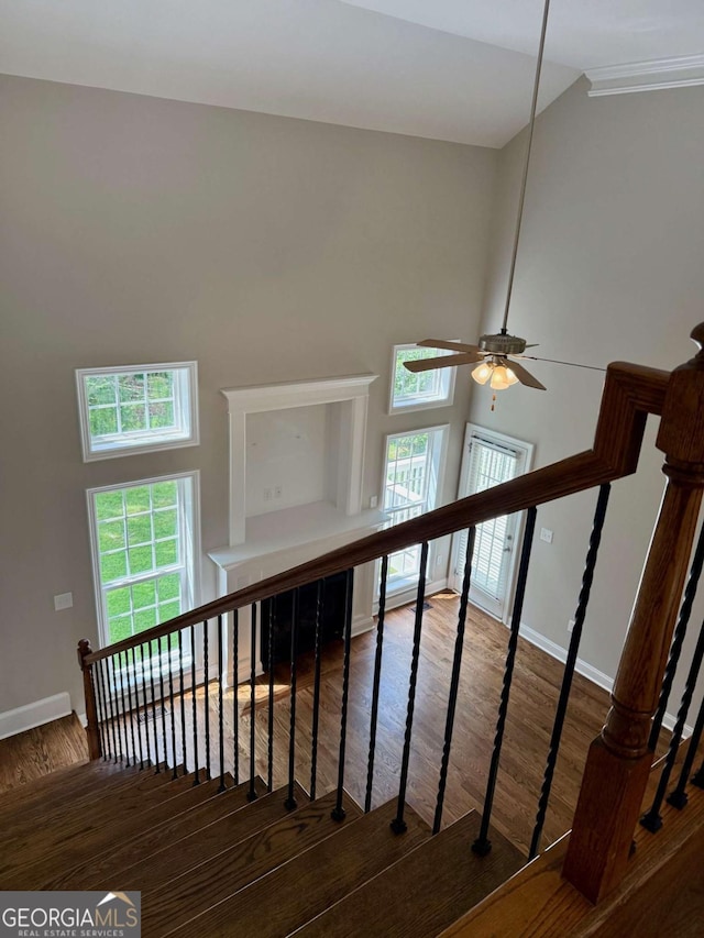 205 Huntington Shoals Dr, Athens, GA 30606 - stairway with plenty of natural light, wood finished floors, high vaulted ceiling, and a ceiling fan