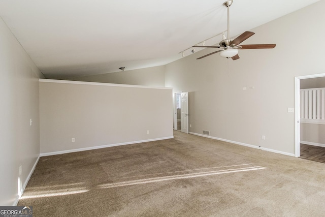 6290 Shallowford Way, Douglasville, GA 30135 - unfurnished living room featuring a ceiling fan, carpet flooring, and high vaulted ceiling