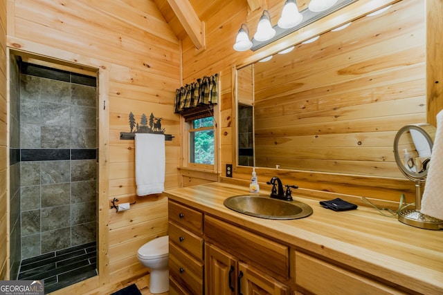 105 Ranch Mountain Ct, Dahlonega, GA 30533 - bathroom with vanity, wooden walls, and a tile shower