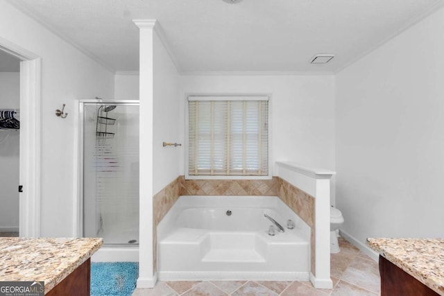 1481 Howard Way, Lawrenceville, GA 30043 - bathroom with vanity, a bath, a stall shower, and crown molding