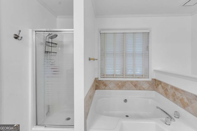 1481 Howard Way, Lawrenceville, GA 30043 - bathroom featuring a stall shower, ornamental molding, and a bath
