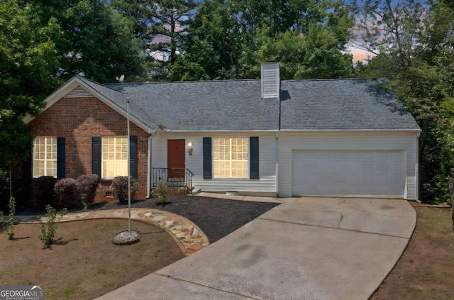 3997 Paloverde Dr NW, Kennesaw, GA 30144 - ranch-style home with concrete driveway, a garage, a chimney, brick siding, and roof with shingles