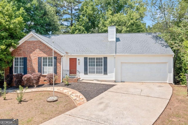 3997 Paloverde Dr NW, Kennesaw, GA 30144 - ranch-style home featuring driveway, a garage, a chimney, brick siding, and a shingled roof