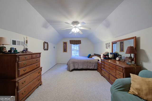 219 John Garner Rd, Dahlonega, GA 30533 - bedroom with light carpet, vaulted ceiling, and a ceiling fan