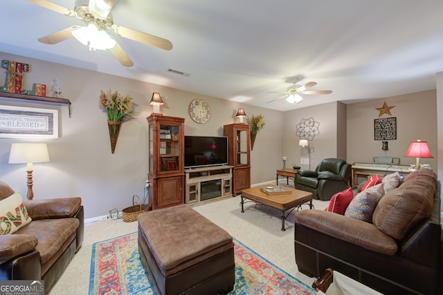 219 John Garner Rd, Dahlonega, GA 30533 - carpeted living room with a ceiling fan and baseboards