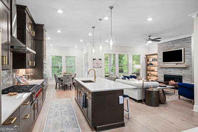 410 Anglin Walk, Alpharetta, GA 30009 - kitchen featuring crown molding, a tiled fireplace, wall chimney range hood, stainless steel appliances, and light wood-type flooring