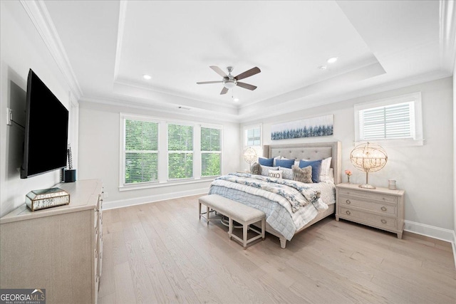 410 Anglin Walk, Alpharetta, GA 30009 - bedroom with a tray ceiling, light wood finished floors, crown molding, recessed lighting, and a ceiling fan