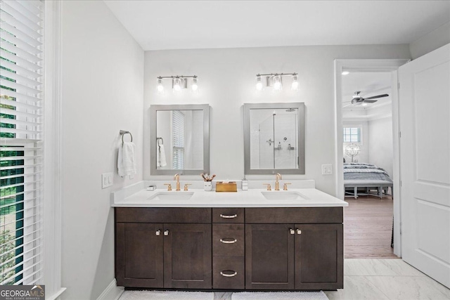 410 Anglin Walk, Alpharetta, GA 30009 - ensuite bathroom with double vanity, a shower, and a ceiling fan