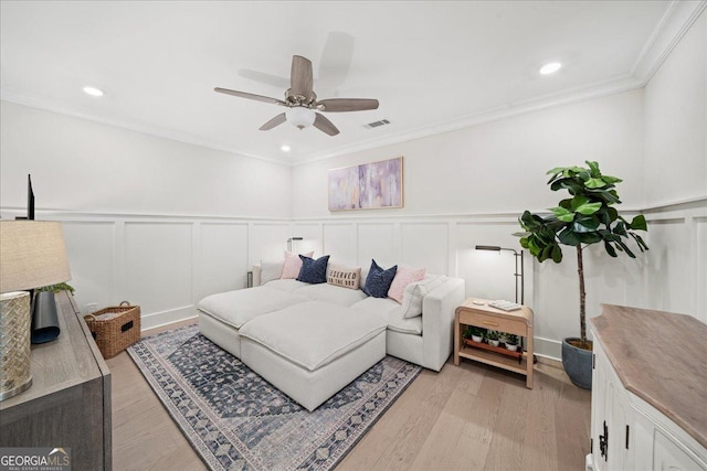 410 Anglin Walk, Alpharetta, GA 30009 - bedroom featuring a decorative wall, light wood finished floors, crown molding, wainscoting, and a ceiling fan