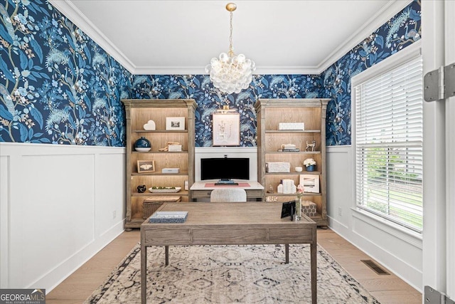 410 Anglin Walk, Alpharetta, GA 30009 - home office with wallpapered walls, a wainscoted wall, ornamental molding, a chandelier, and wood finished floors