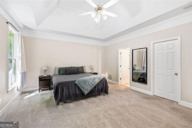 3072 Oaktree, Duluth, GA 30096 - bedroom with a raised ceiling, light carpet, crown molding, and a ceiling fan
