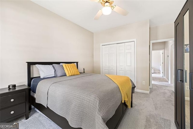 3072 Oaktree, Duluth, GA 30096 - bedroom featuring light carpet, a closet, and a ceiling fan