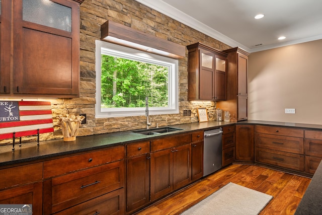 112 Springhill Ln, Clarkesville, GA 30523 - kitchen featuring dishwasher, crown molding, tasteful backsplash, dark wood-style flooring, and glass insert cabinets