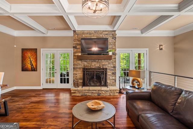 112 Springhill Ln, Clarkesville, GA 30523 - living area with healthy amount of natural light, a fireplace, wood finished floors, coffered ceiling, and beam ceiling