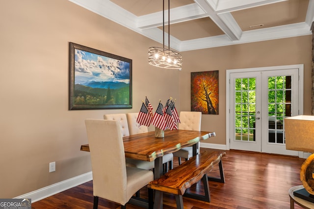 112 Springhill Ln, Clarkesville, GA 30523 - dining space featuring coffered ceiling, beamed ceiling, dark wood-style floors, french doors, and ornamental molding