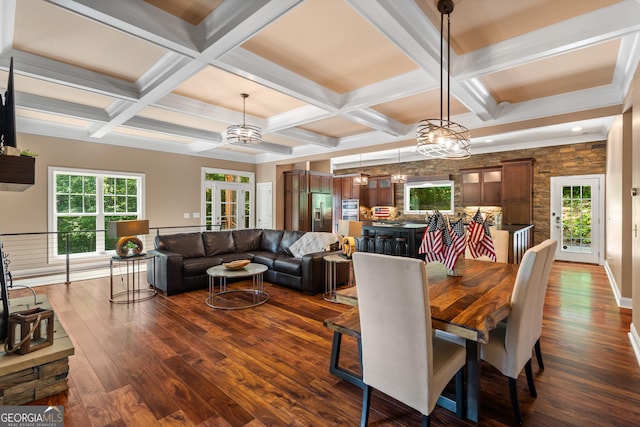 112 Springhill Ln, Clarkesville, GA 30523 - dining area featuring dark wood-style floors, coffered ceiling, a chandelier, and beamed ceiling