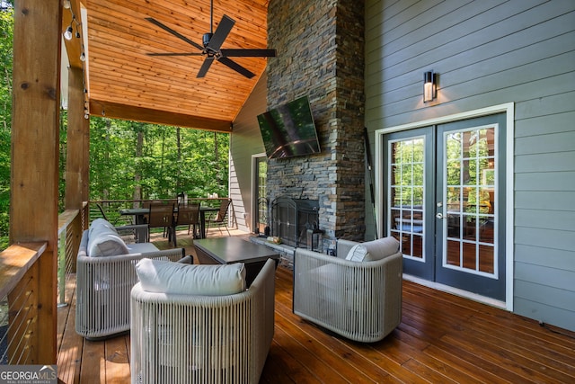 112 Springhill Ln, Clarkesville, GA 30523 - wooden deck with french doors, ceiling fan, and outdoor dining space