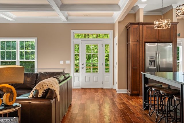 112 Springhill Ln, Clarkesville, GA 30523 - foyer entrance with ornamental molding, dark wood finished floors, beam ceiling, coffered ceiling, and a chandelier