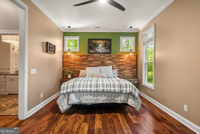 112 Springhill Ln, Clarkesville, GA 30523 - bedroom with crown molding, wood finished floors, multiple windows, and a ceiling fan