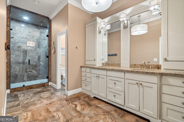112 Springhill Ln, Clarkesville, GA 30523 - full bathroom featuring a shower stall, marble look tile flooring, double vanity, ornamental molding, and recessed lighting