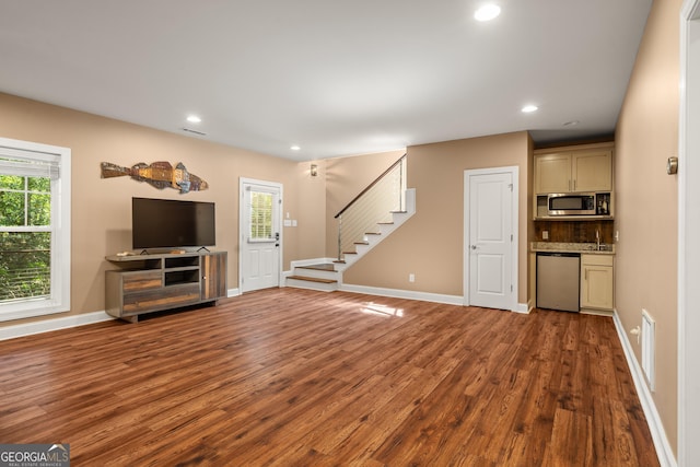 112 Springhill Ln, Clarkesville, GA 30523 - unfurnished living room featuring stairs, wood finished floors, and recessed lighting